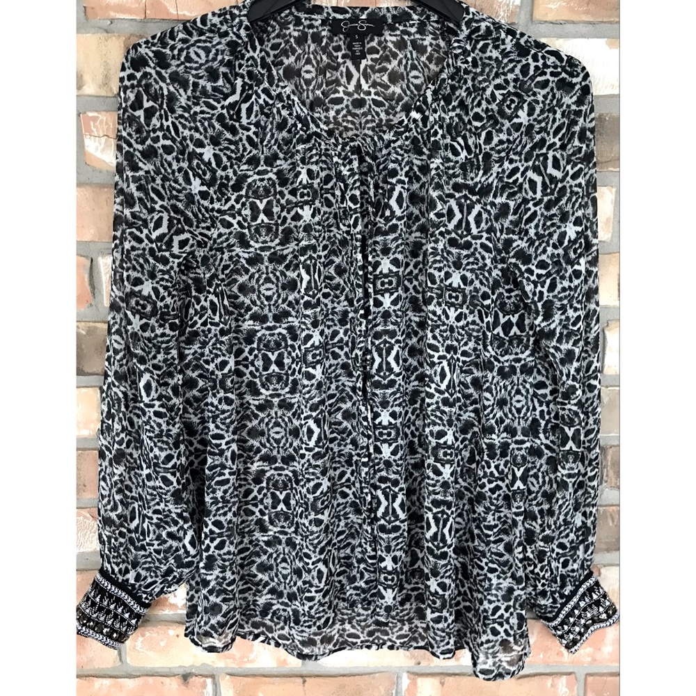 Jessica Simpson Semi Sheer Black and White Print Button Down Top   Small